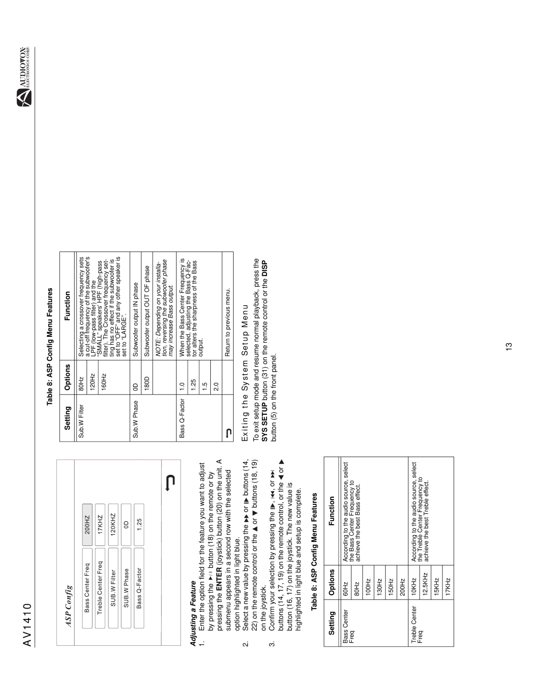 Audiovox AV1410 operation manual Exiting the System Setup Menu, ASP Config Menu Features Setting Options Function 