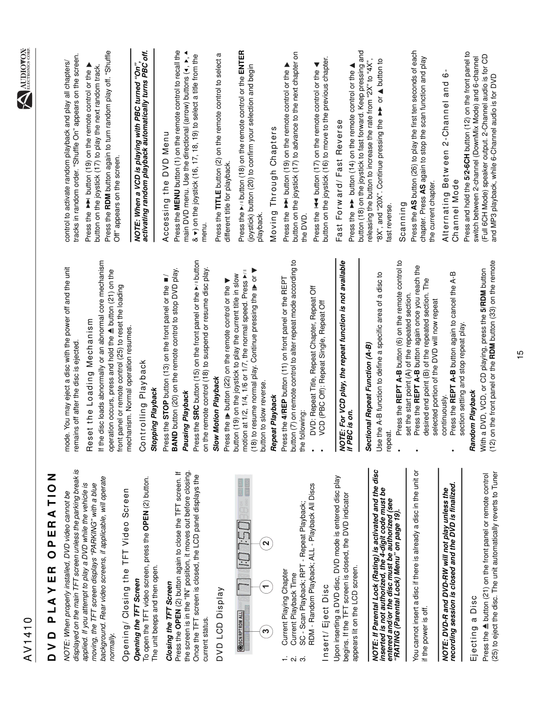 Audiovox AV1410 operation manual DVD Player Operation 