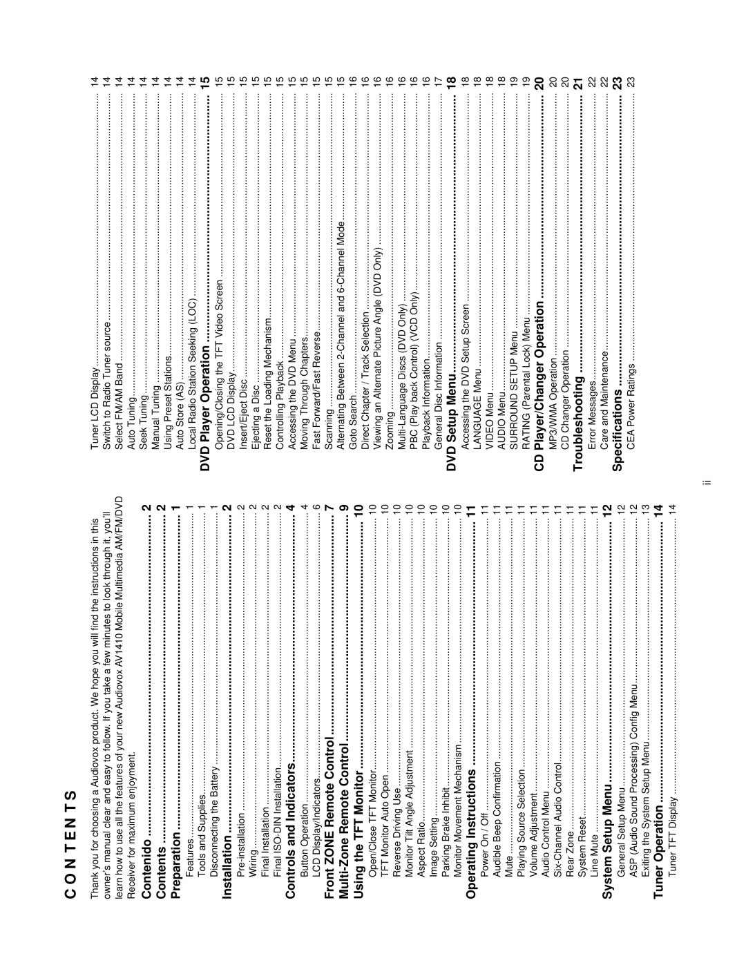 Audiovox AV1410 operation manual Contents 