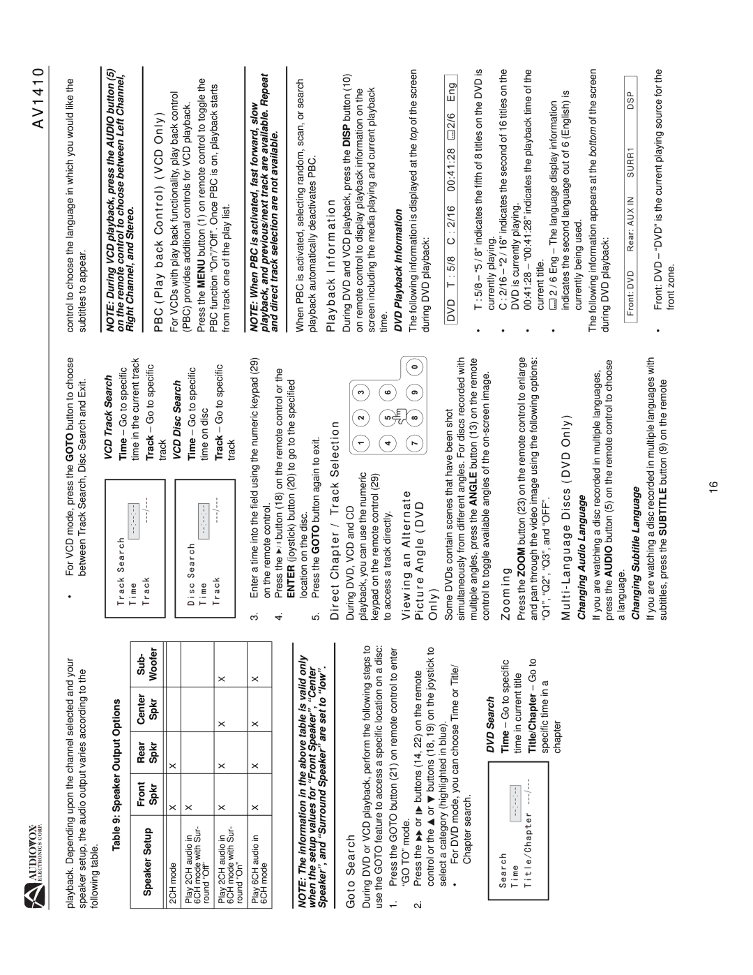 Audiovox AV1410 Goto Search, Direct Chapter / Track Selection, Viewing an Alternate Picture Angle DVD Only, Zooming 