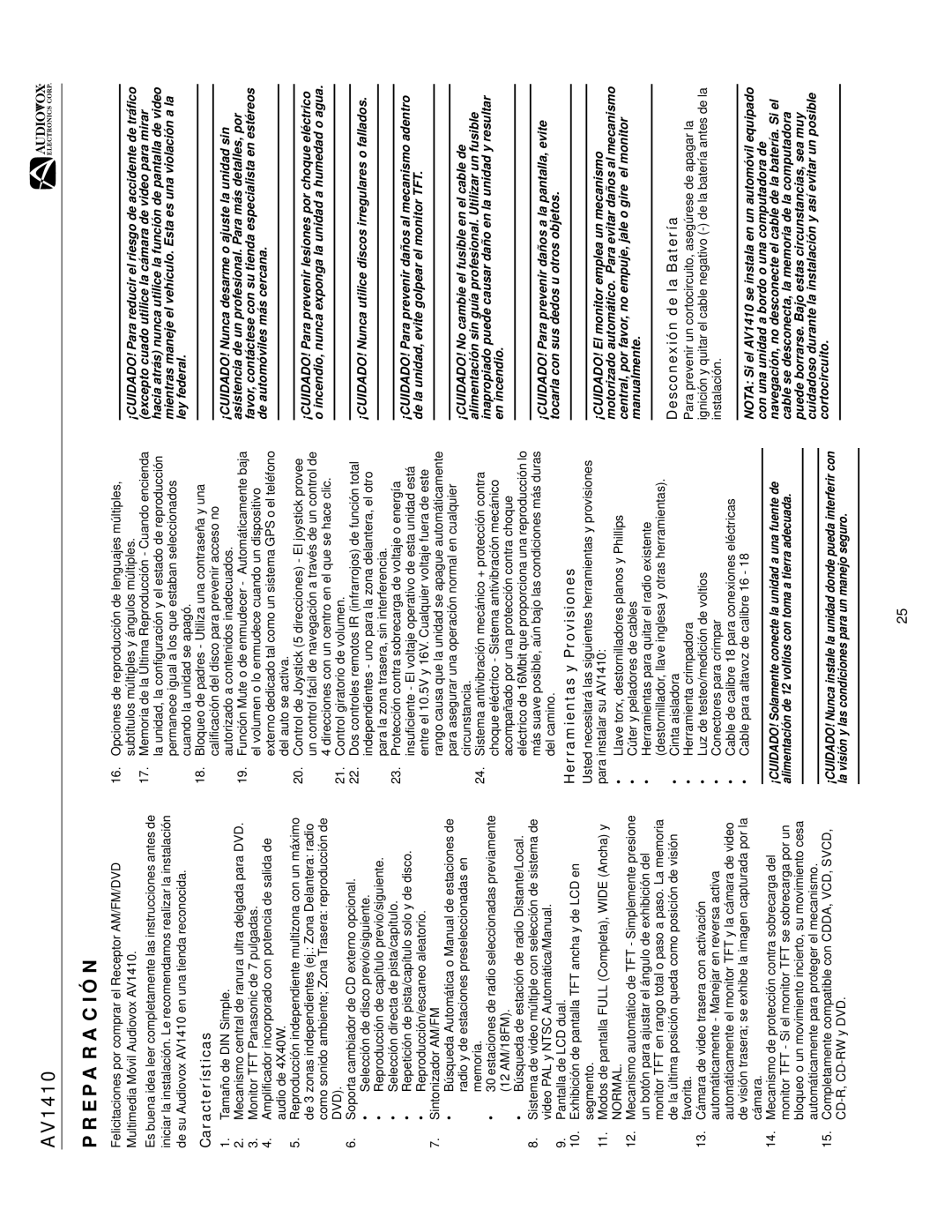 Audiovox AV1410 operation manual Preparación, Características, Herramientas y Provisiones, Desconexión de la Batería 