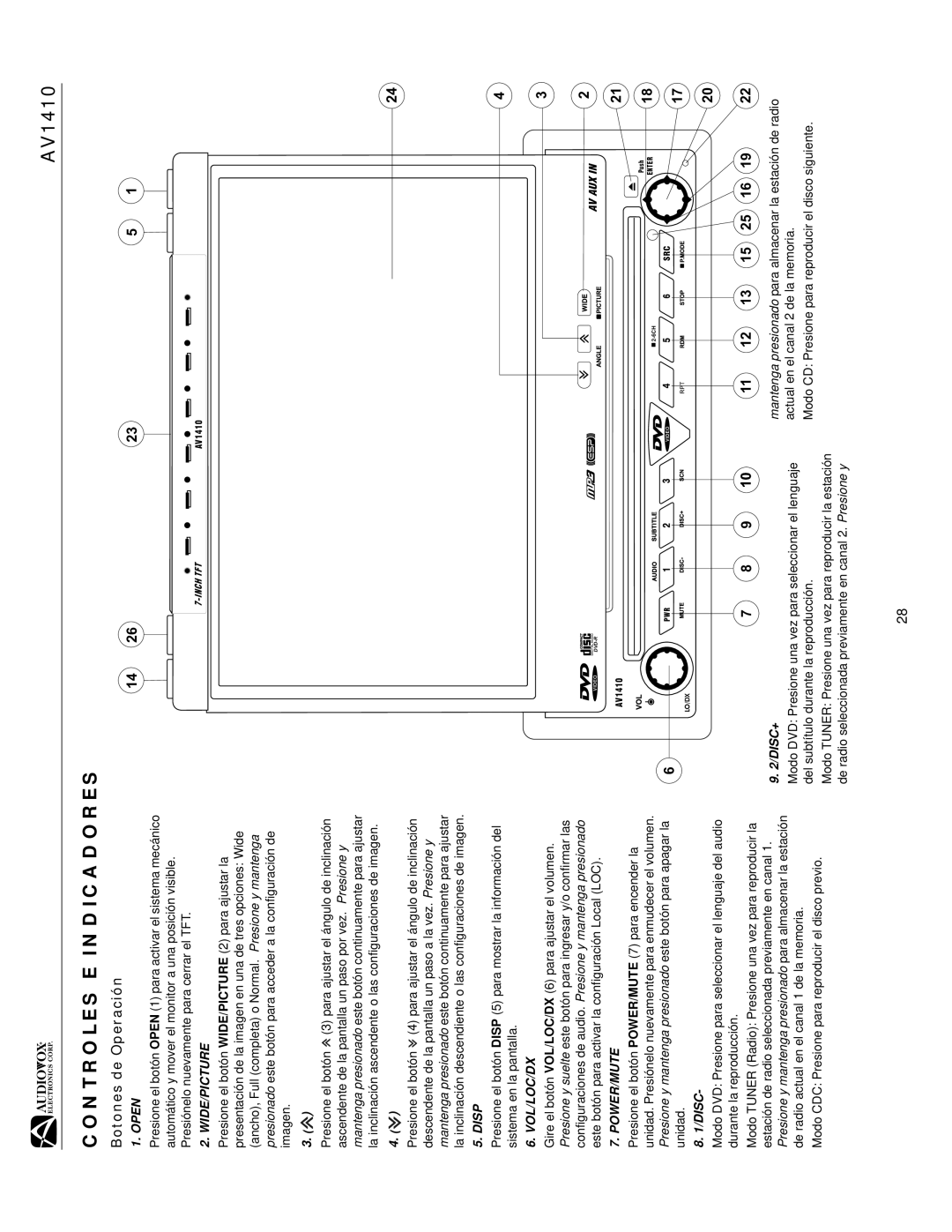 Audiovox AV1410 operation manual Controles E Indicadores, Botones de Operación 