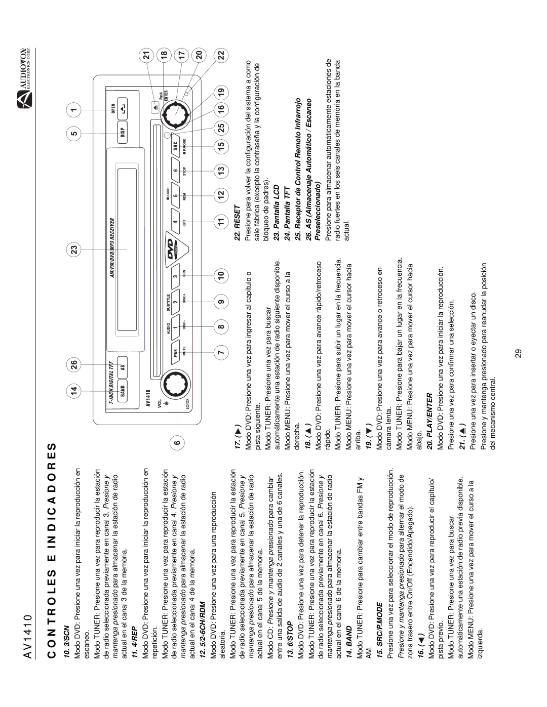 Audiovox AV1410 operation manual Modo DVD Presione una vez para una reproducción aleatoria 