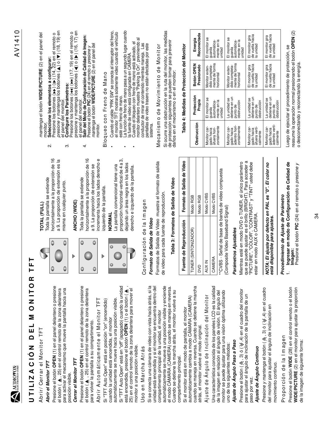 Audiovox AV1410 operation manual Utilización DEL Monitor TFT 