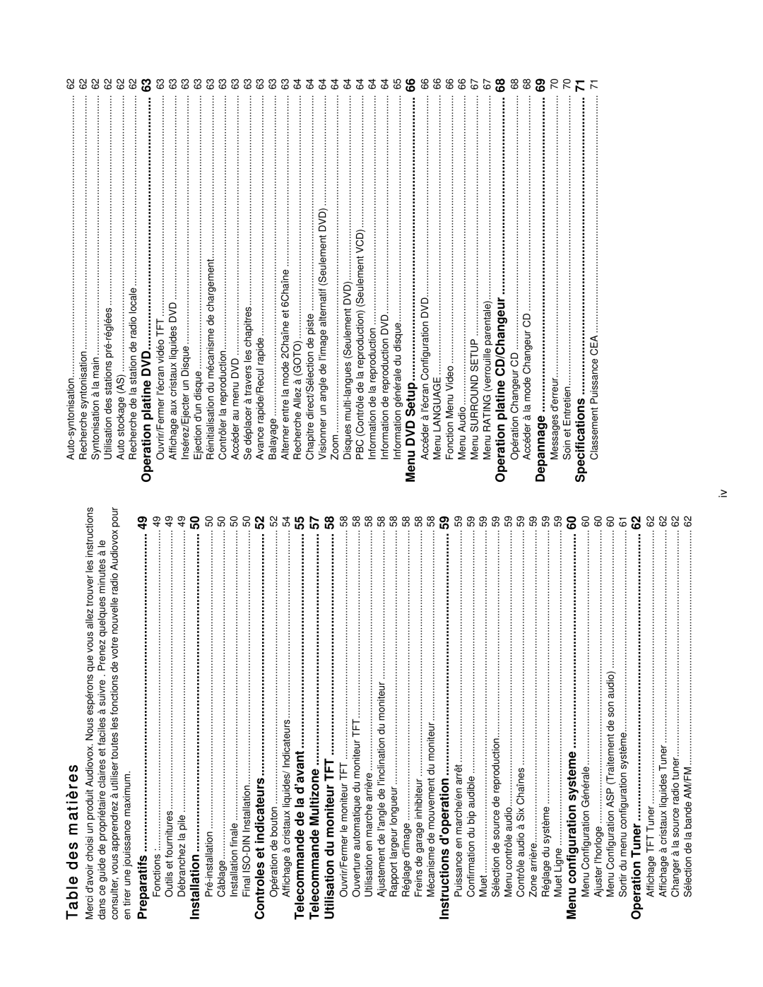 Audiovox AV1410 operation manual Table des matières 