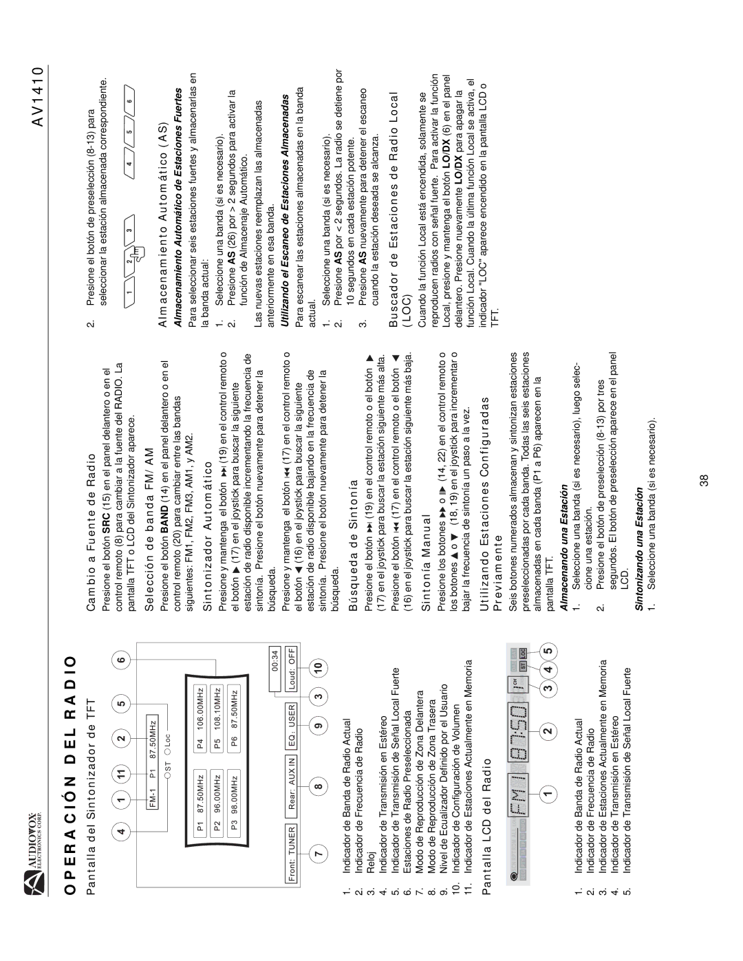 Audiovox AV1410 operation manual Operación DEL Radio 