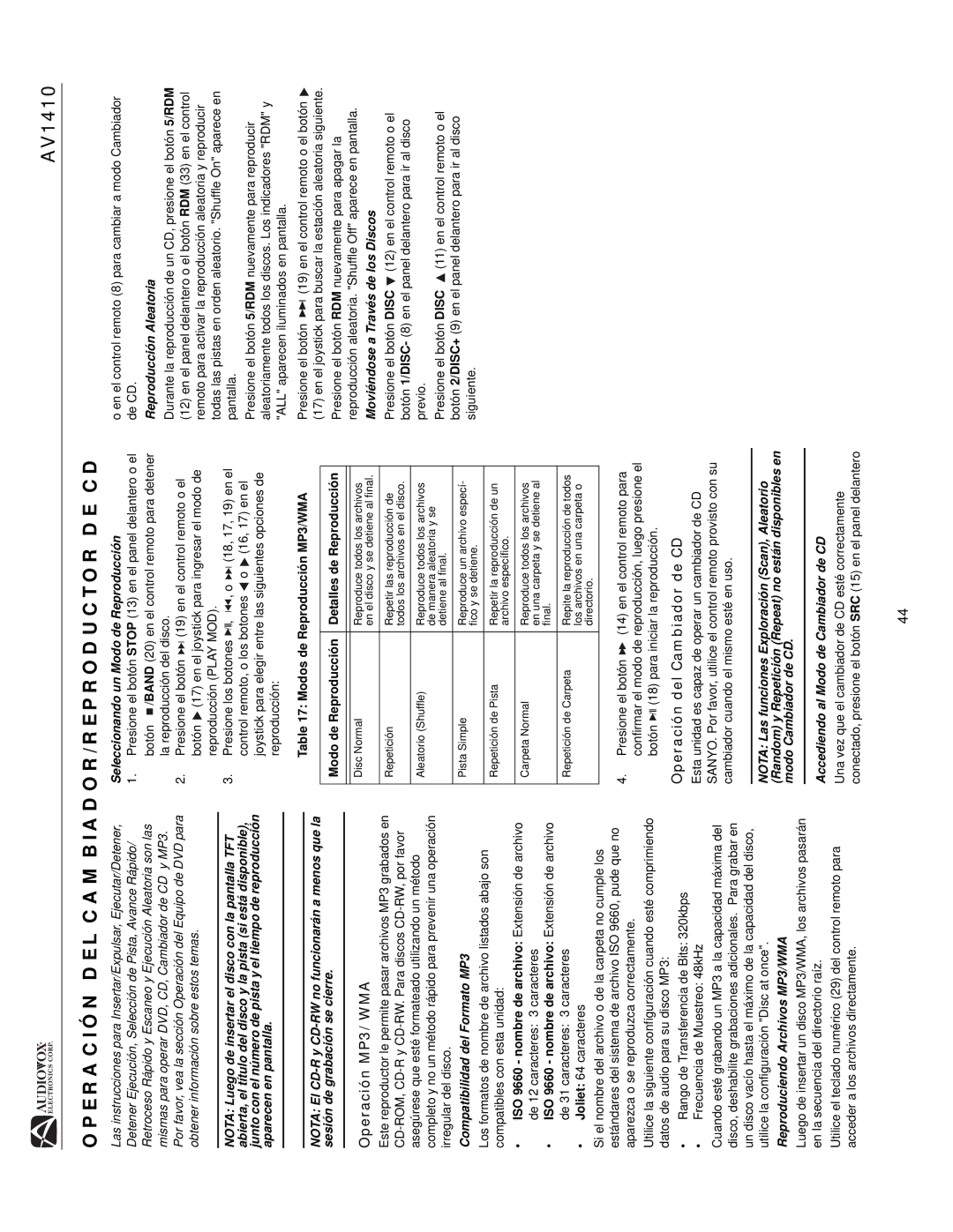 Audiovox AV1410 Operación DEL CAMBIADOR/REPRODUCTOR DE CD, Operación MP3/WMA, Operación del Cambiador de CD 