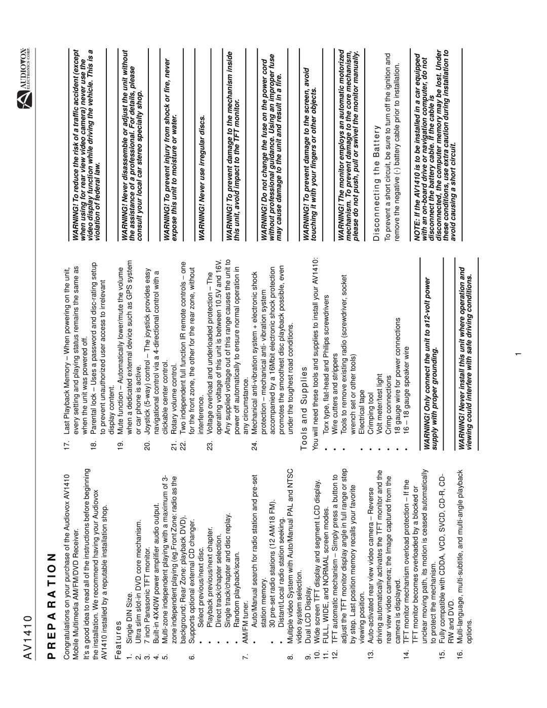 Audiovox AV1410 operation manual Preparation, Features, Tools and Supplies, Disconnecting the Battery 