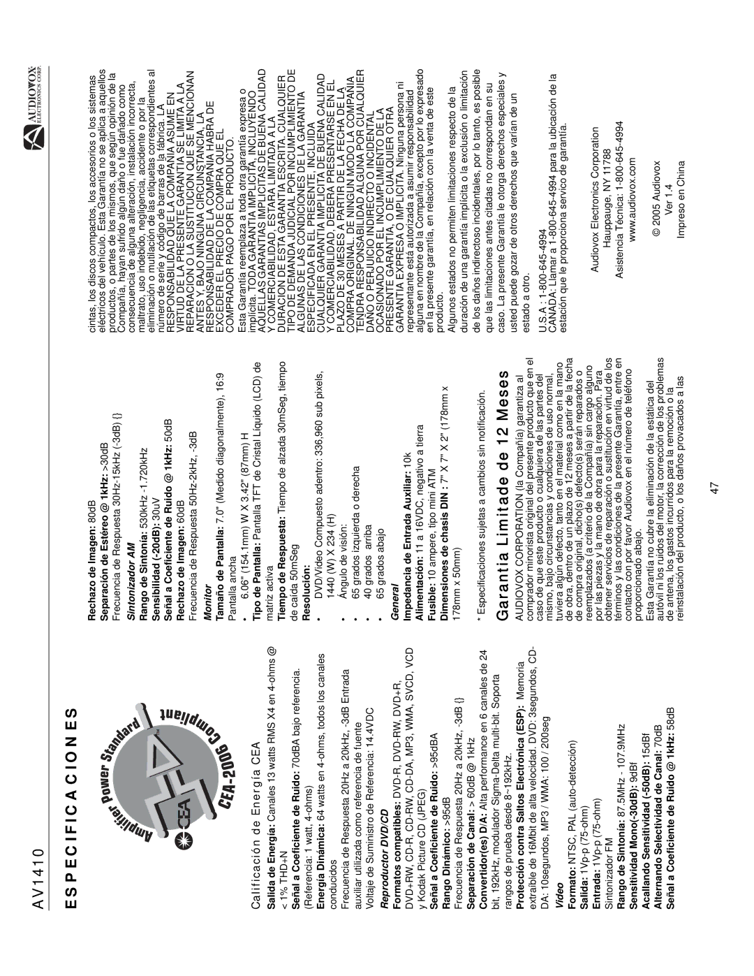 Audiovox AV1410 operation manual Especificaciones, Calificación de Energía CEA, Reproductor DVD/CD, Sintonizador AM 