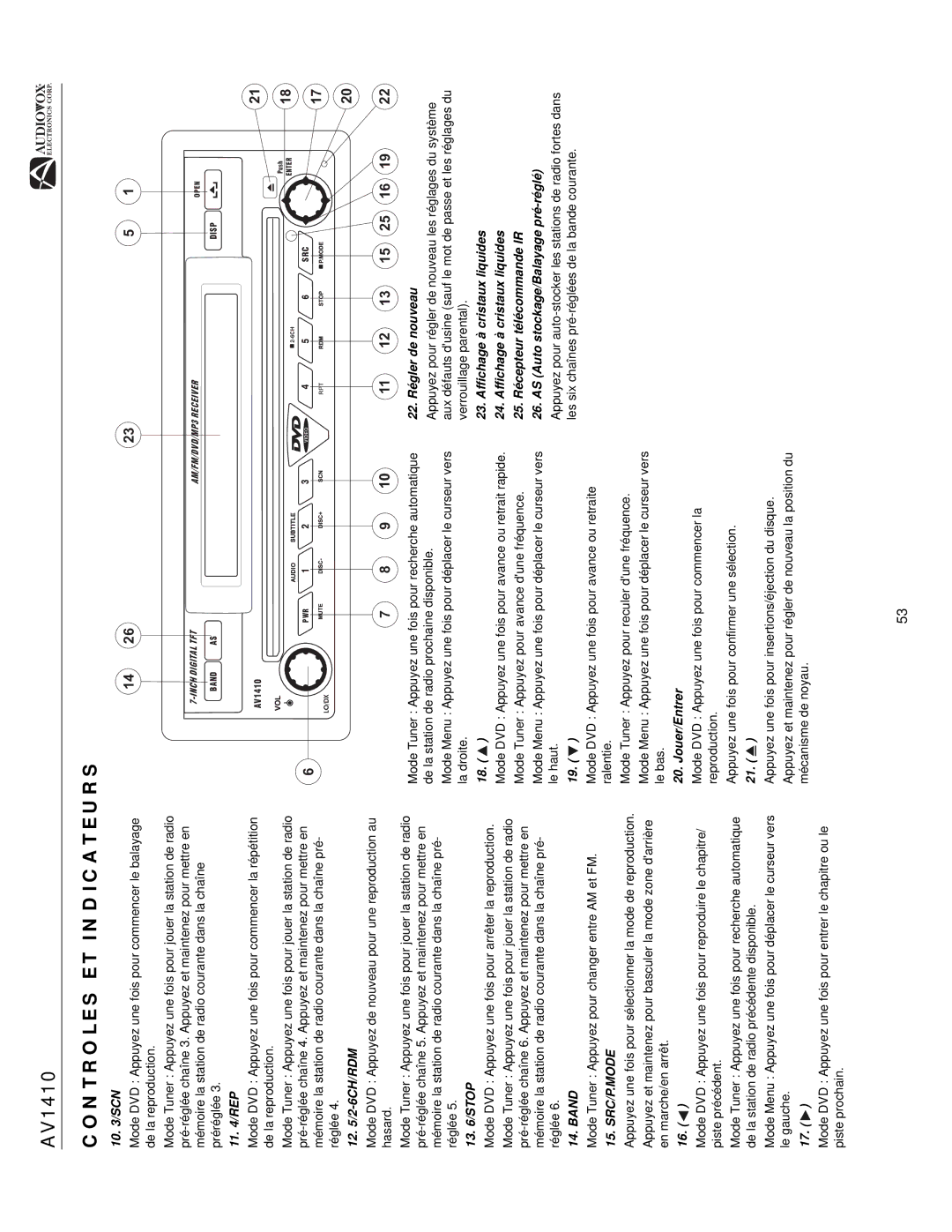 Audiovox AV1410 operation manual Jouer/Entrer, 22. Régler de nouveau 