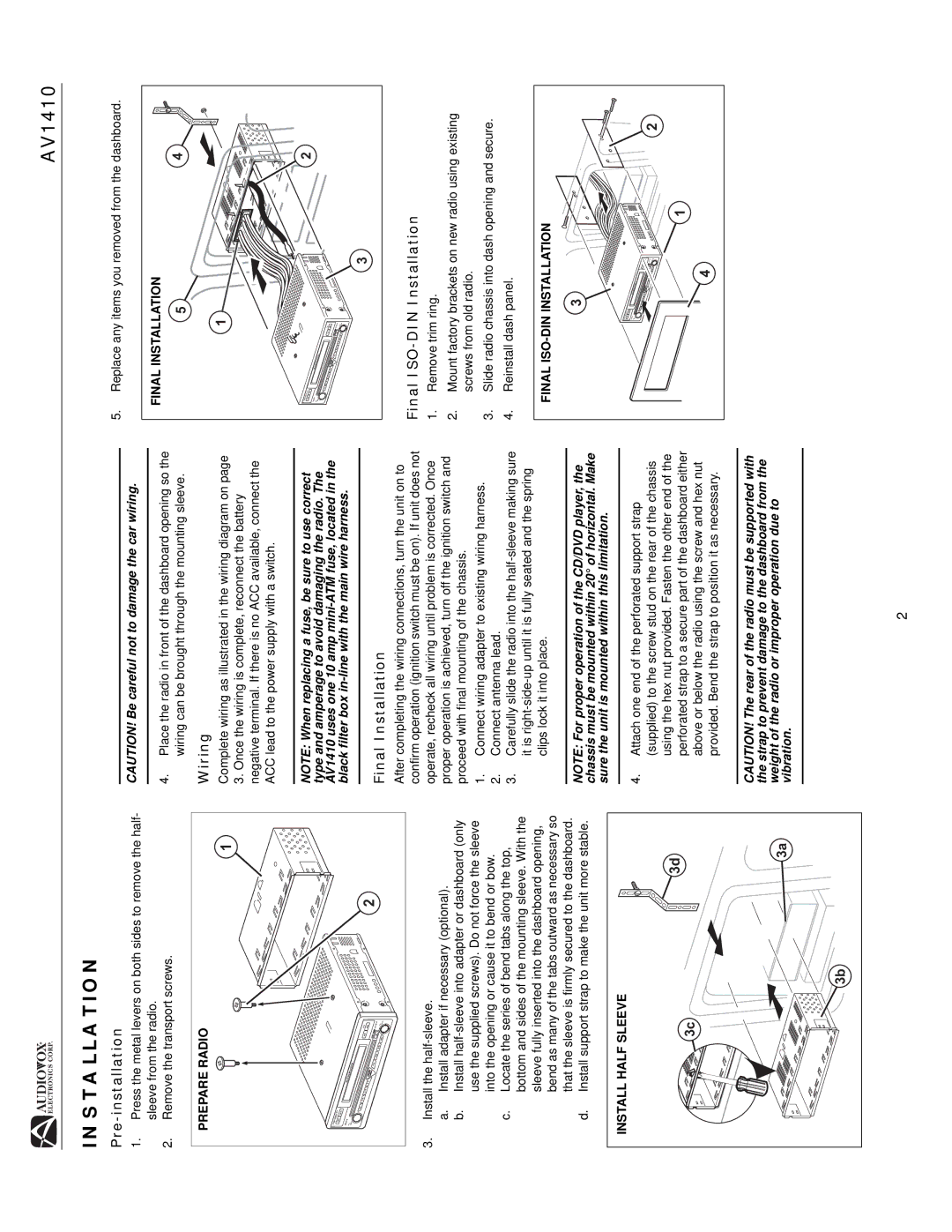 Audiovox AV1410 operation manual Pre-installation, Wiring, Final Installation, Final ISO-DIN Installation 