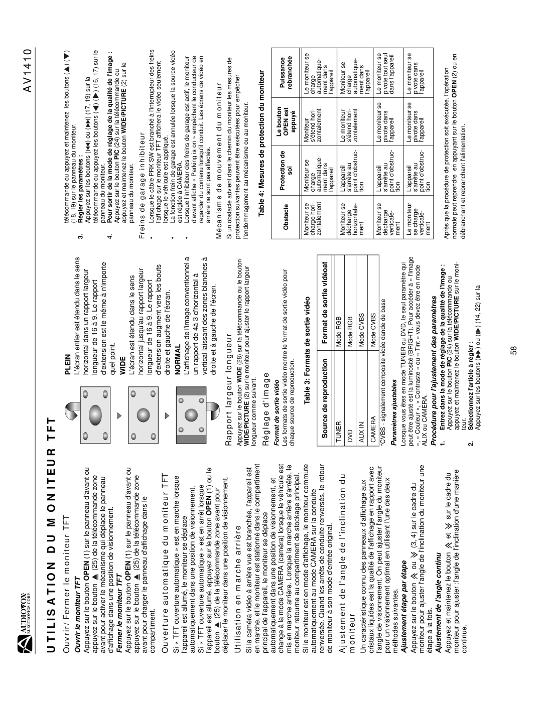 Audiovox AV1410 operation manual Utilisation DU Moniteur TFT 