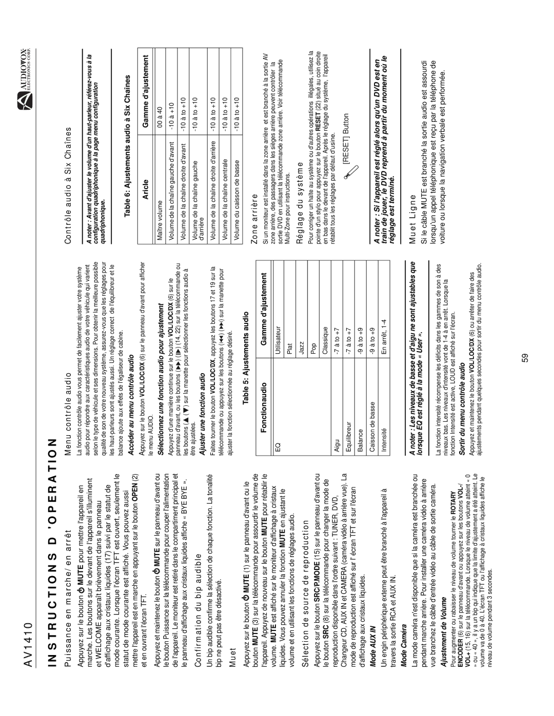 Audiovox AV1410 Instructions D Operation, Puissance en marche/en arrêt, Muet Ligne, Ajustements audio à Six Chaînes Aricle 