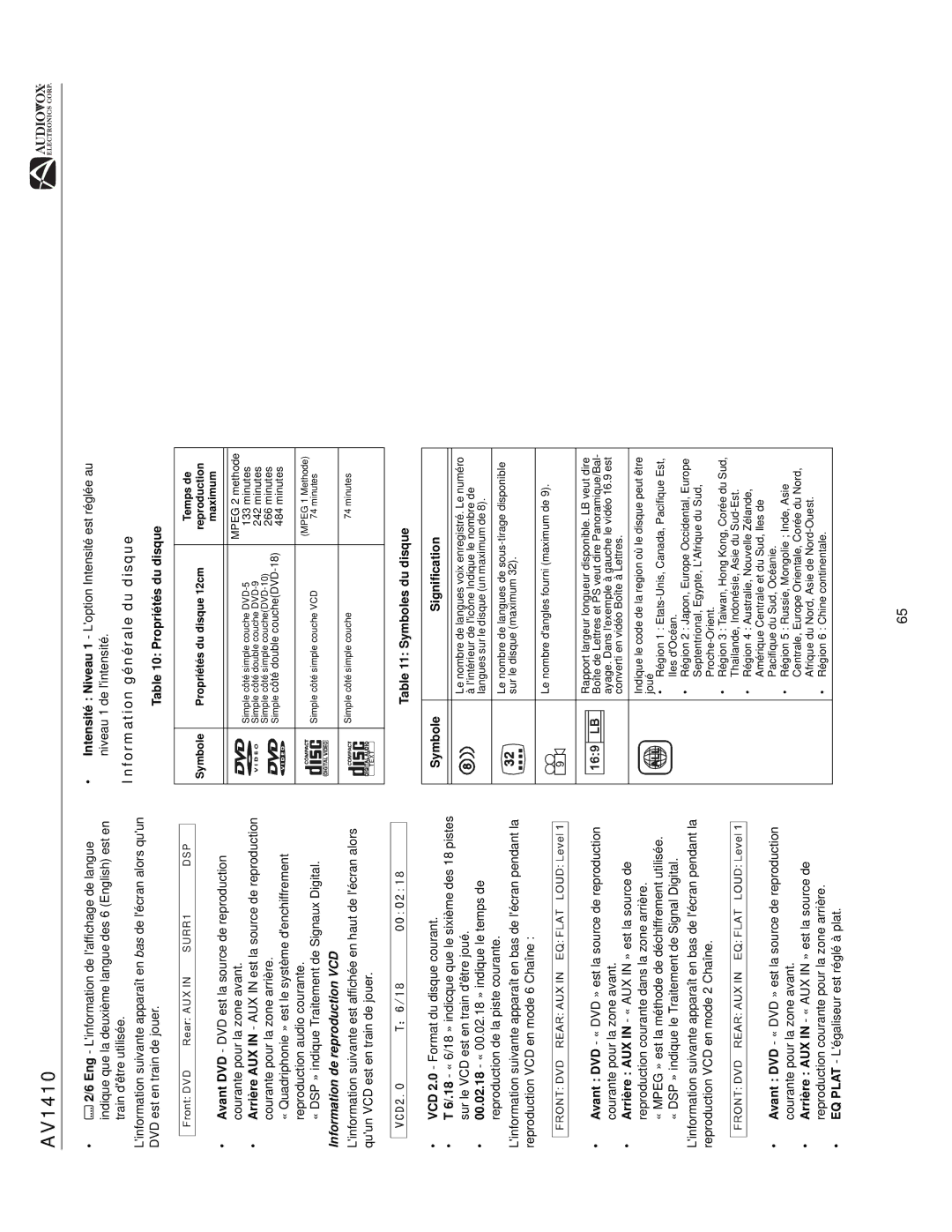 Audiovox AV1410 operation manual Information générale du disque, Information de reproduction VCD, Propriétés du disque 