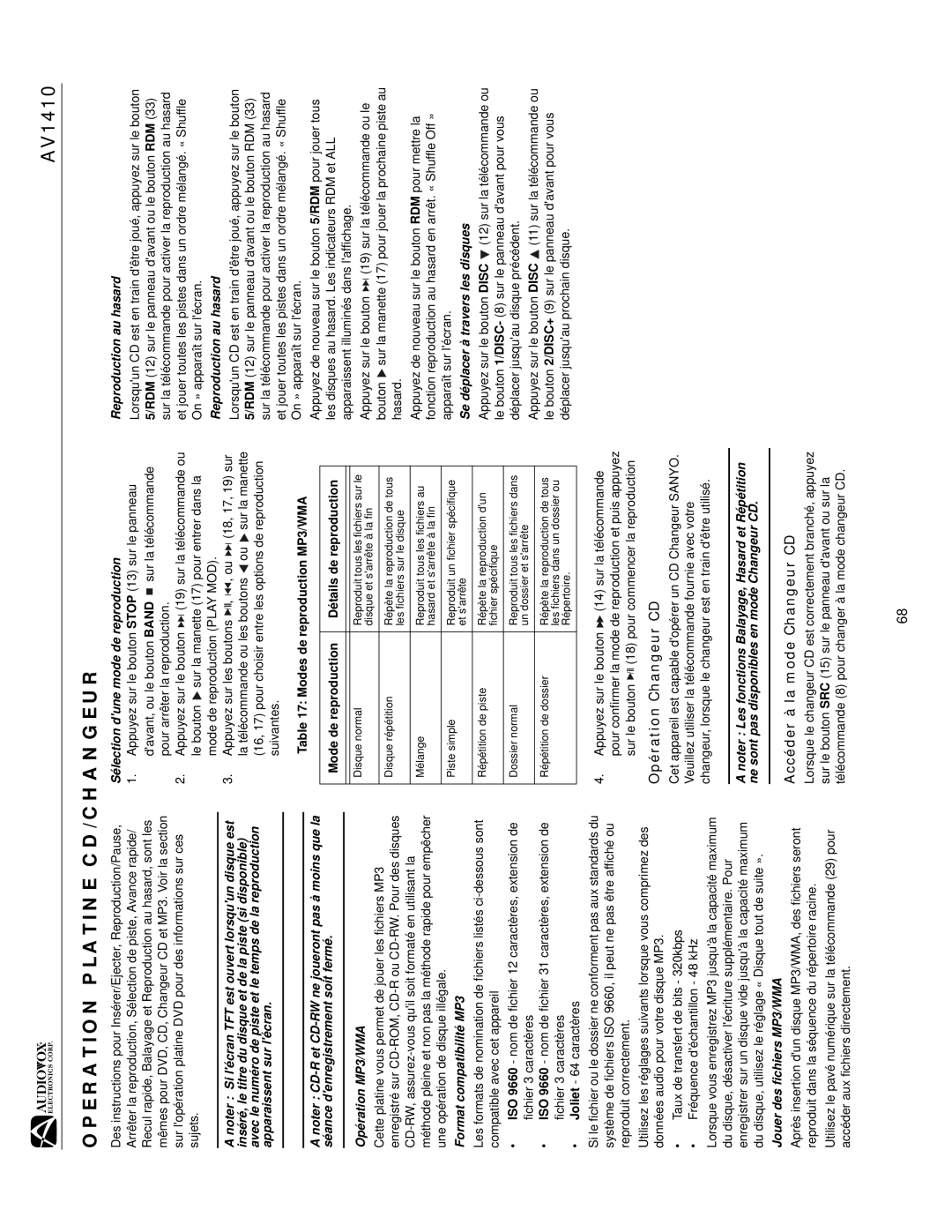 Audiovox AV1410 operation manual Operation Platine CD/CHANGEUR, Opération Changeur CD, Accéder à la mode Changeur CD 