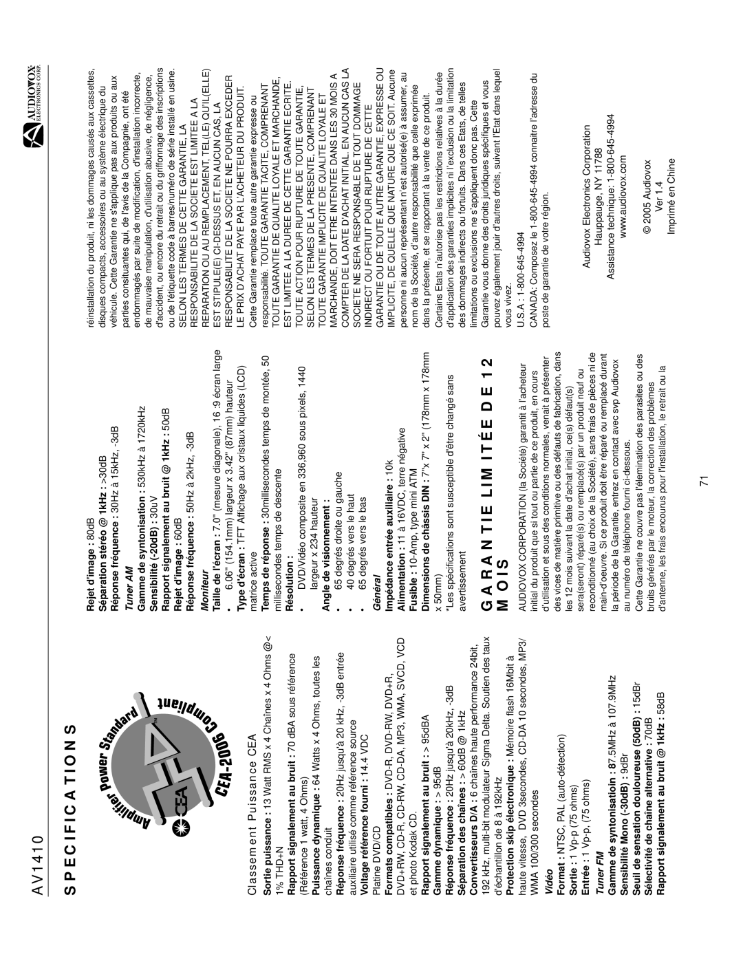 Audiovox AV1410 operation manual Garantie Limitée DE 12 Mois, Classement Puissance CEA 