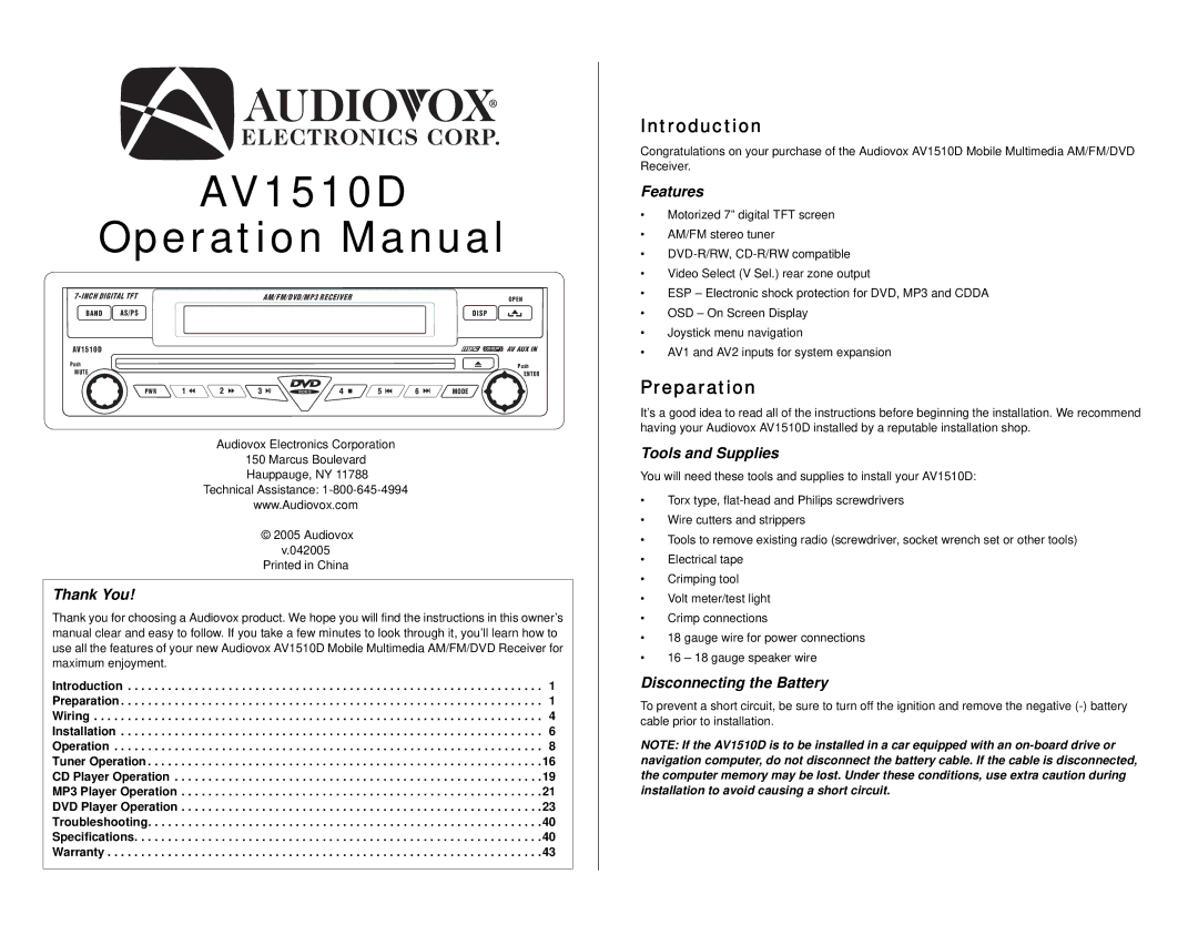 Audiovox AV1510D operation manual Introduction, Preparation 