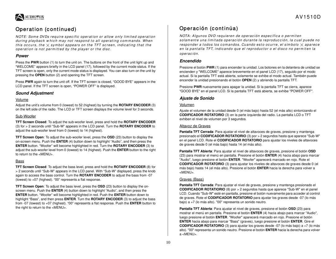 Audiovox operation manual Operation, AV1510D Operación continúa 