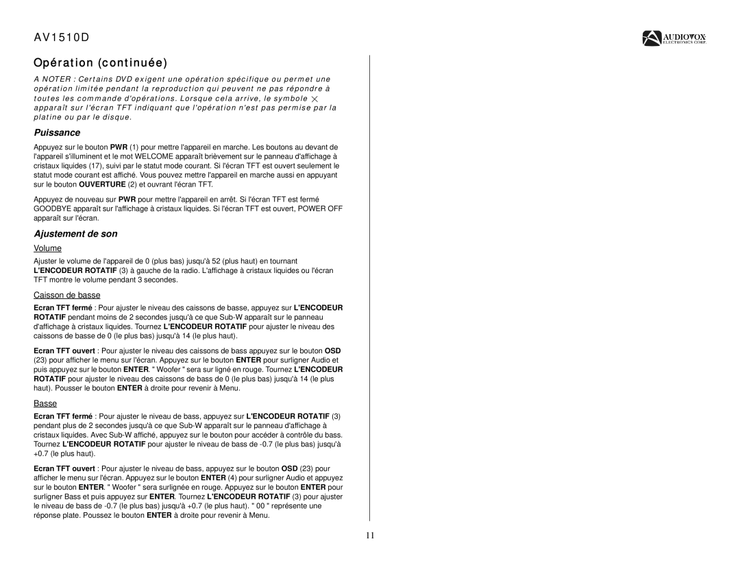 Audiovox operation manual AV1510D Opération continuée, Puissance, Ajustement de son, Caisson de basse, Basse 