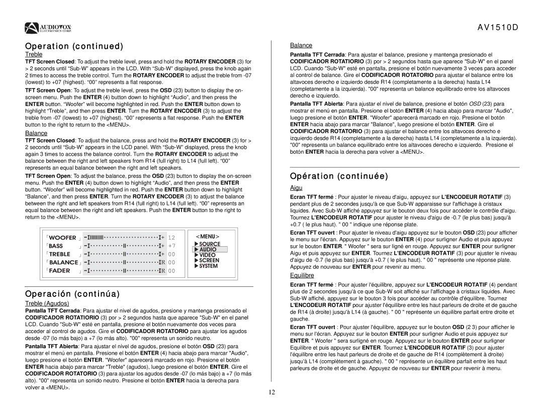 Audiovox AV1510D operation manual Balance, Treble Agudos, Aigu, Equilibre 