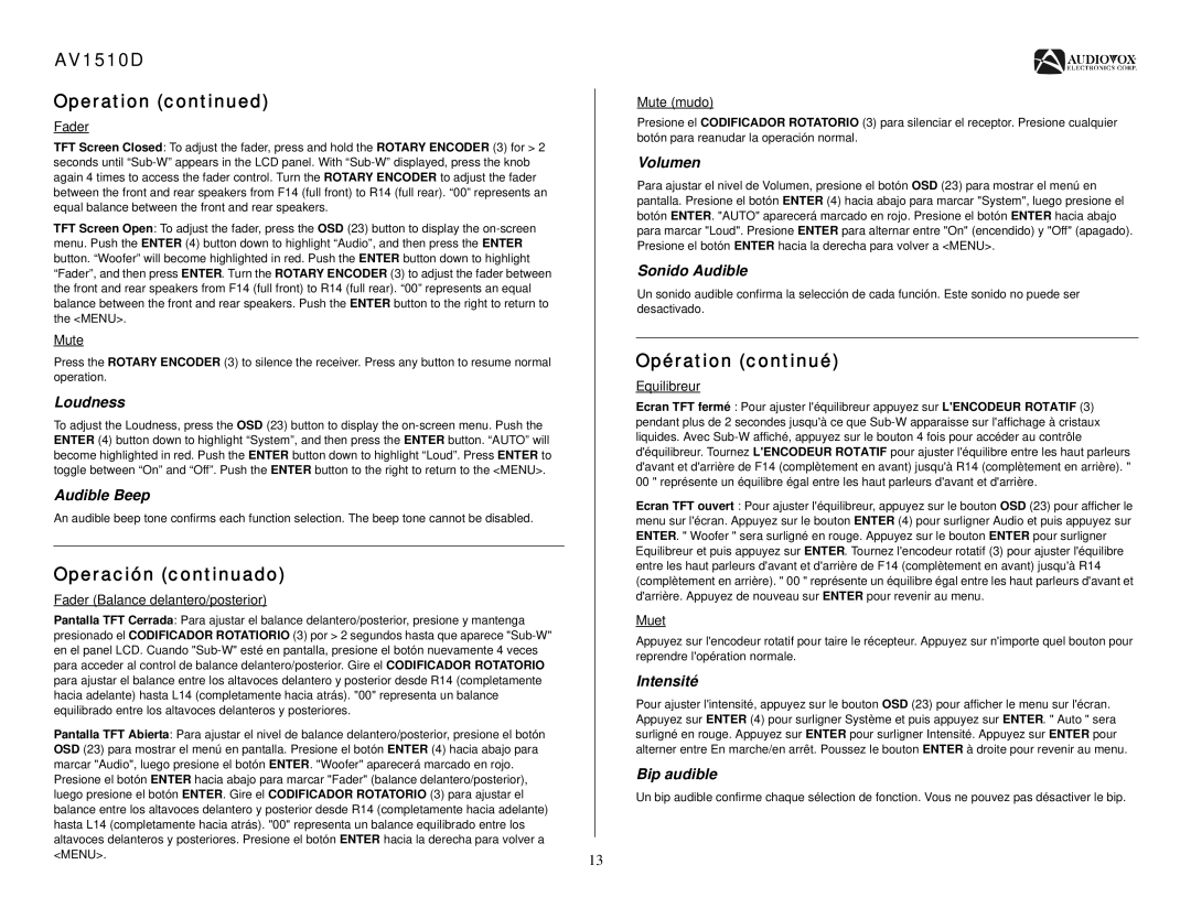 Audiovox operation manual AV1510D Operation, Operación continuado, Opération continué 