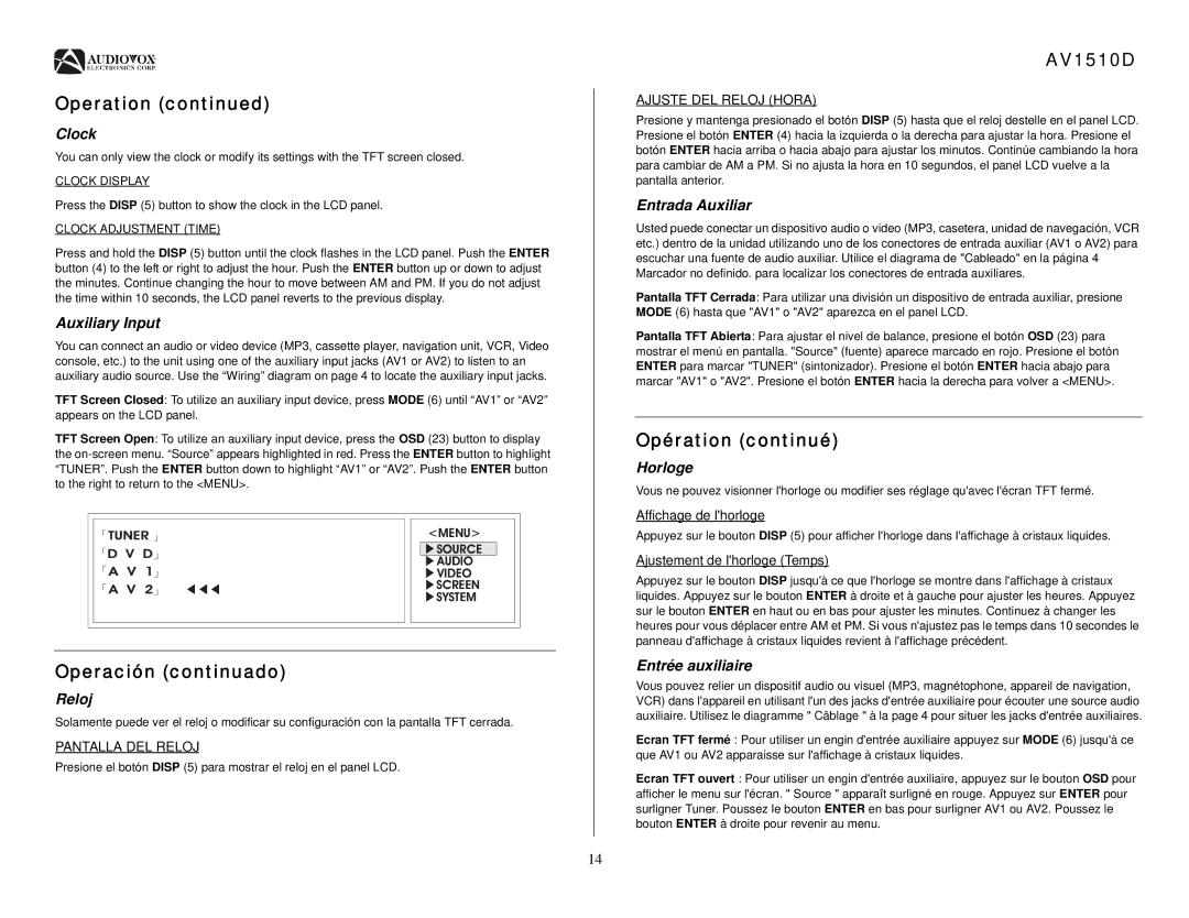 Audiovox AV1510D operation manual Clock, Auxiliary Input, Reloj, Entrada Auxiliar, Horloge, Entrée auxiliaire 