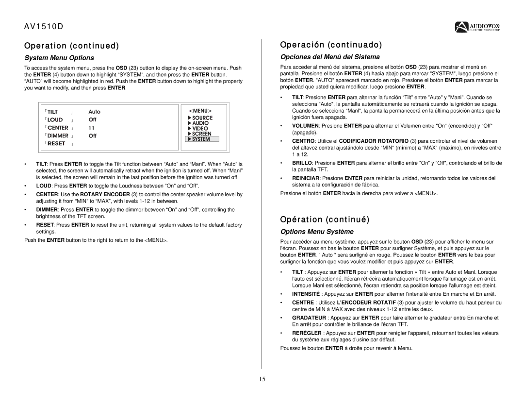 Audiovox AV1510D operation manual System Menu Options, Opciones del Menú del Sistema, Options Menu Système 