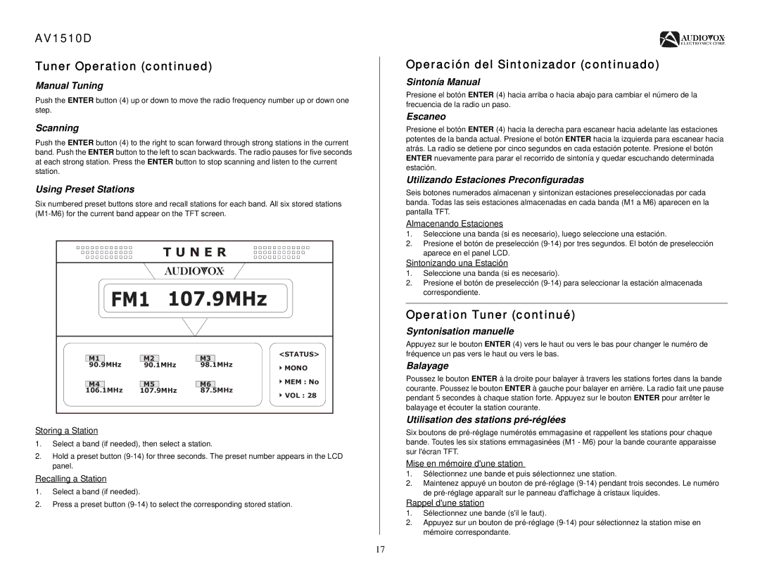 Audiovox operation manual AV1510D Tuner Operation, Operación del Sintonizador continuado, Operation Tuner continué 