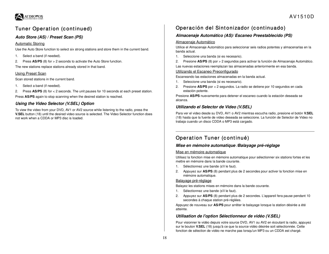 Audiovox operation manual AV1510D Operación del Sintonizador continuado 