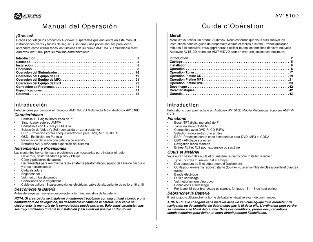 Audiovox AV1510D operation manual Introducción 