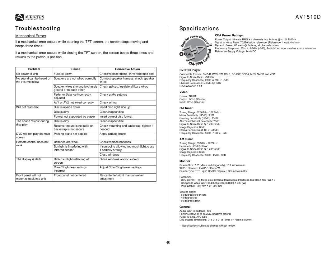 Audiovox operation manual Troubleshooting, AV1510D Specifications, Mechanical Errors 