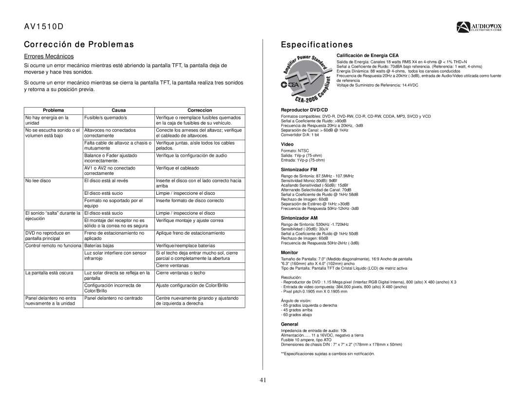 Audiovox operation manual AV1510D Corrección de Problemas, Especificationes, Errores Mecánicos 