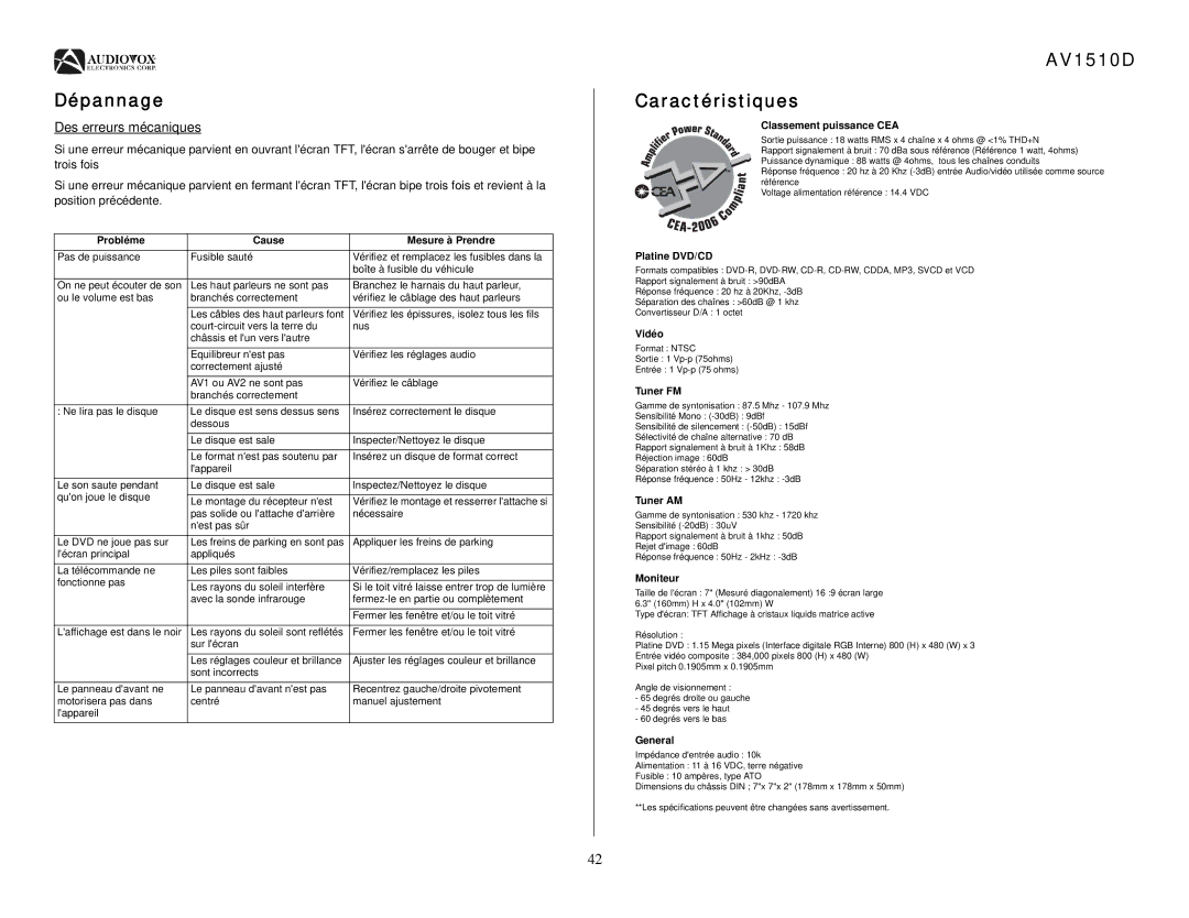 Audiovox operation manual Dépannage, AV1510D Caractéristiques, Des erreurs mécaniques 