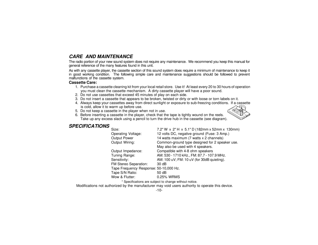 Audiovox AV303 owner manual Care and Maintenance, Specifications 