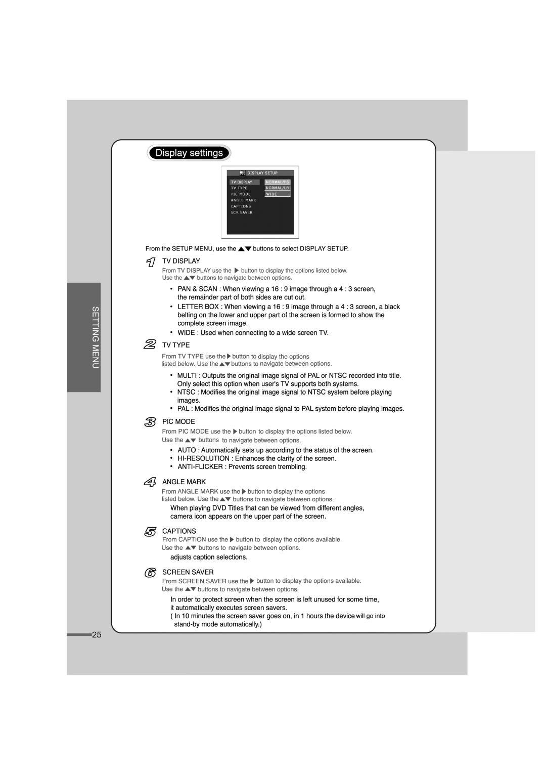 Audiovox AVD200T, AVD100 manual Setting Menu 