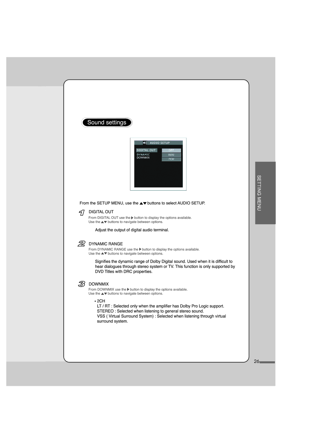 Audiovox AVD100, AVD200T manual Setting Menu 