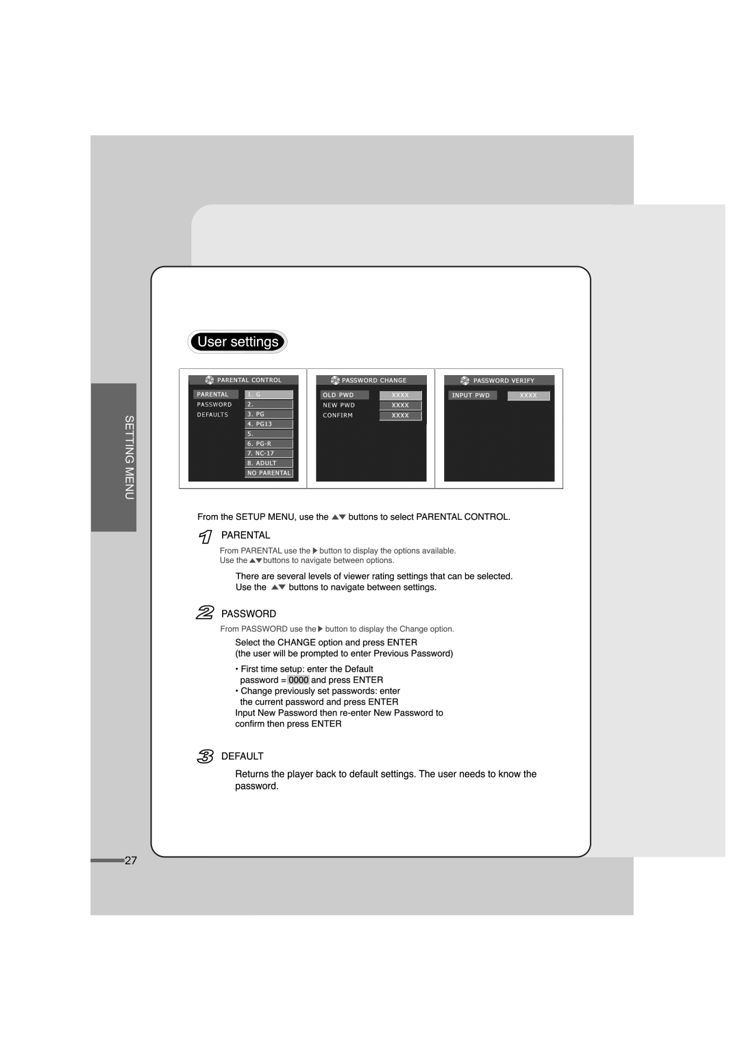 Audiovox AVD200T, AVD100 manual Setting Menu 