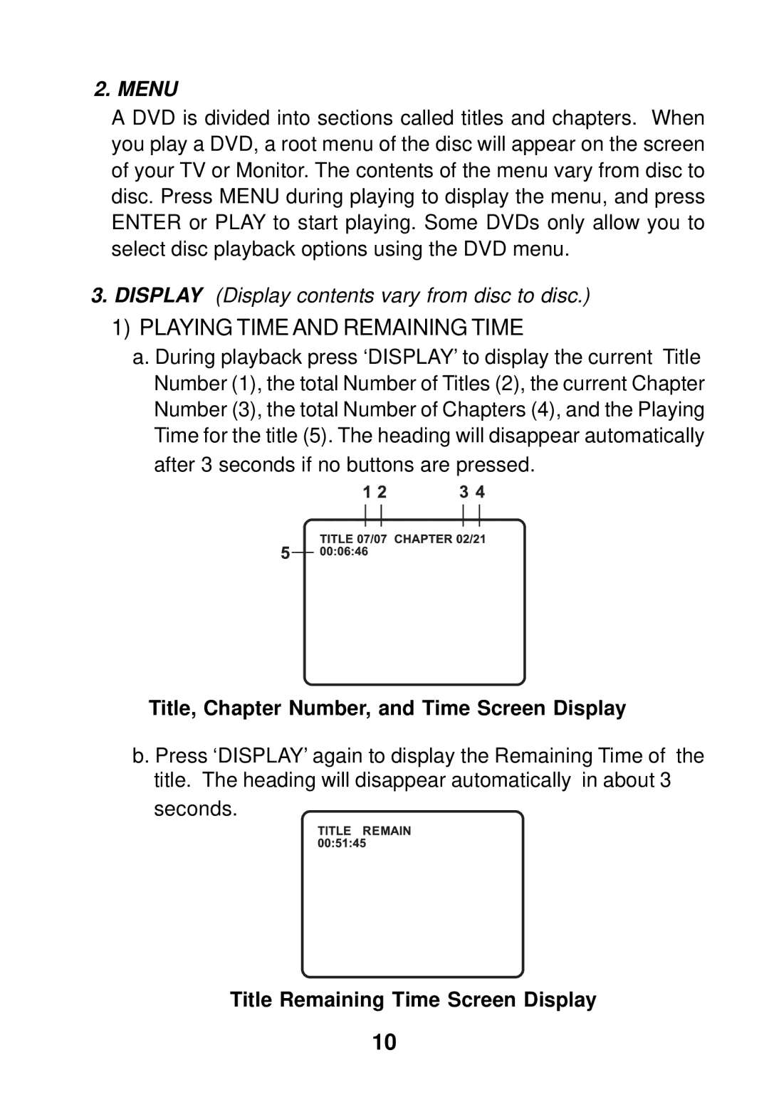 Audiovox AVD300 owner manual Title, Chapter Number, and Time Screen Display, Title Remaining Time Screen Display 