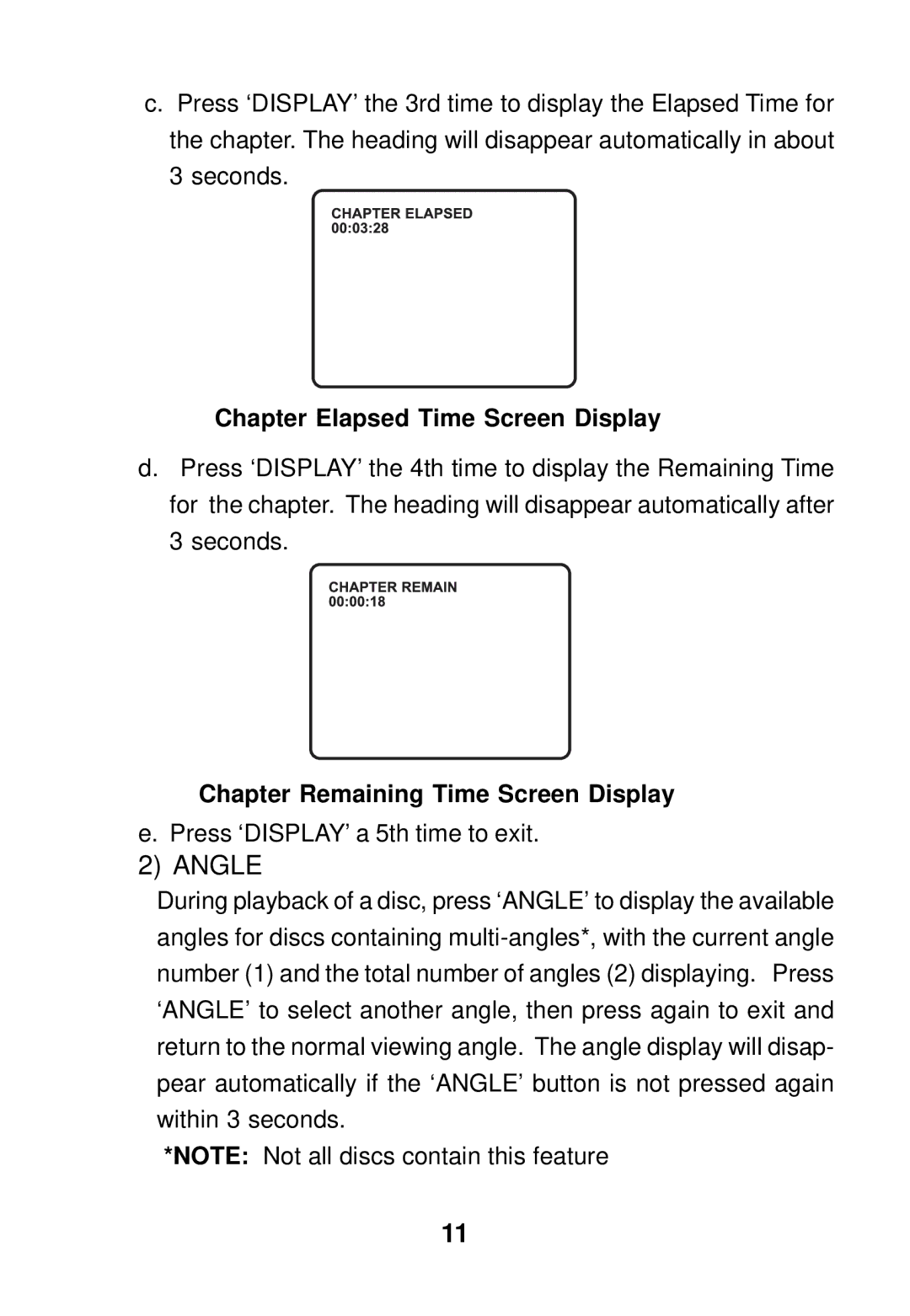 Audiovox AVD300 owner manual Chapter Elapsed Time Screen Display, Chapter Remaining Time Screen Display 