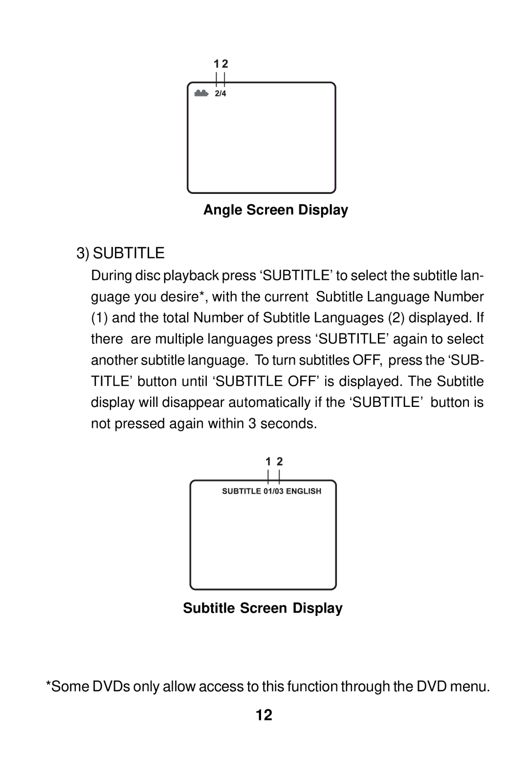 Audiovox AVD300 owner manual Angle Screen Display, Subtitle Screen Display 