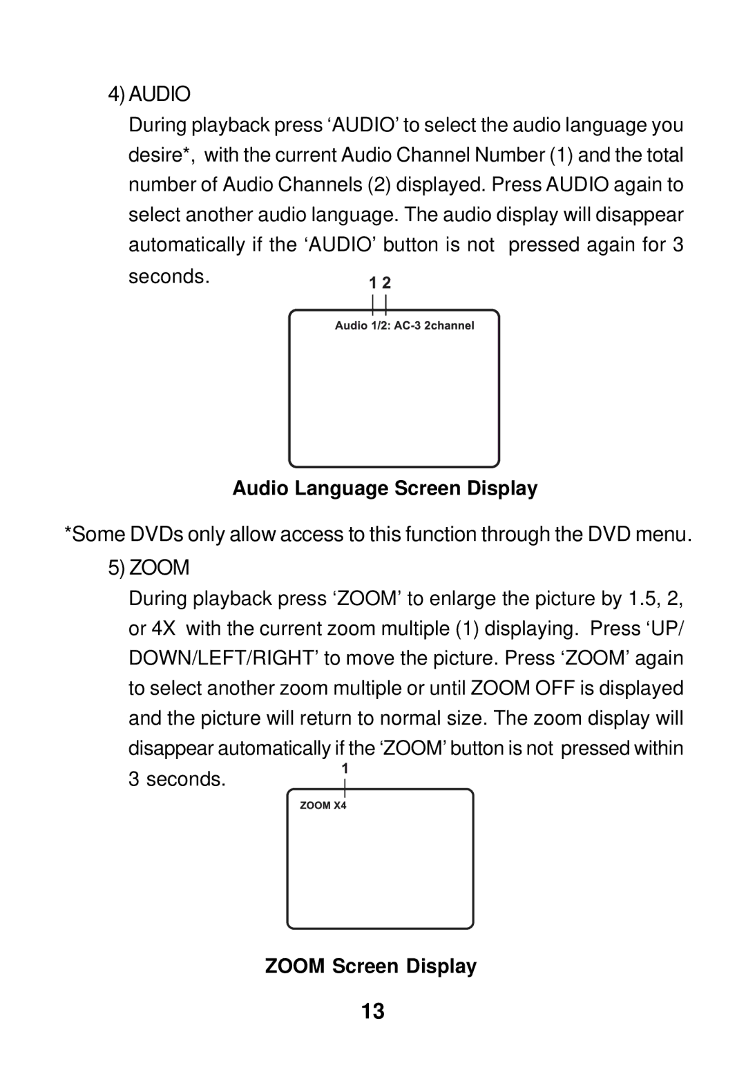 Audiovox AVD300 owner manual Audio Language Screen Display, Zoom Screen Display 