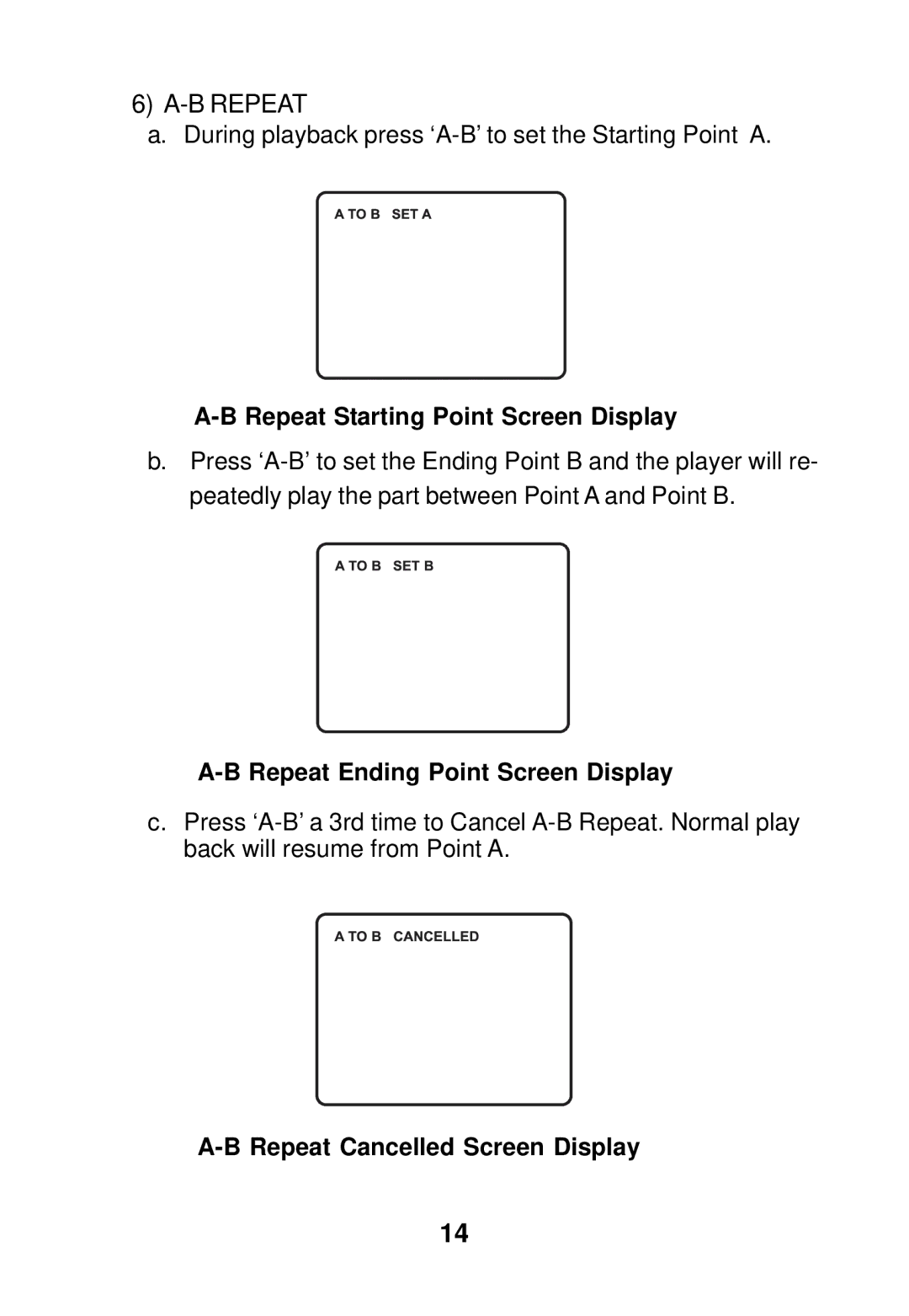 Audiovox AVD300 Repeat Starting Point Screen Display, Repeat Ending Point Screen Display, Repeat Cancelled Screen Display 