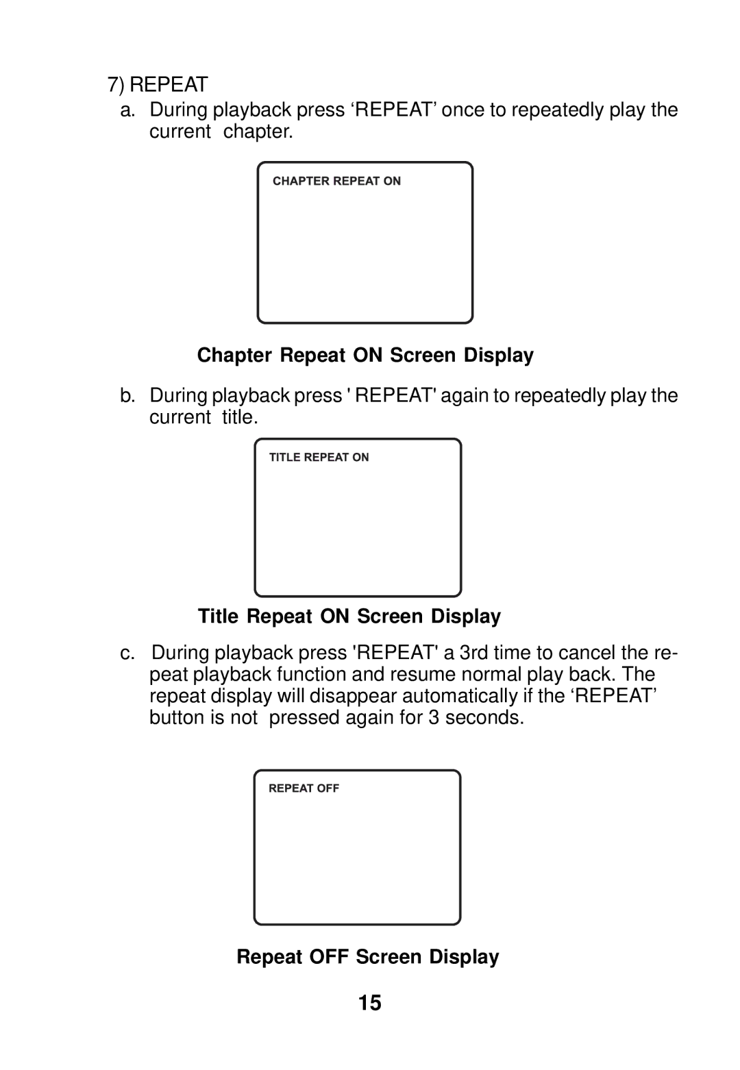 Audiovox AVD300 owner manual Chapter Repeat on Screen Display, Title Repeat on Screen Display, Repeat OFF Screen Display 