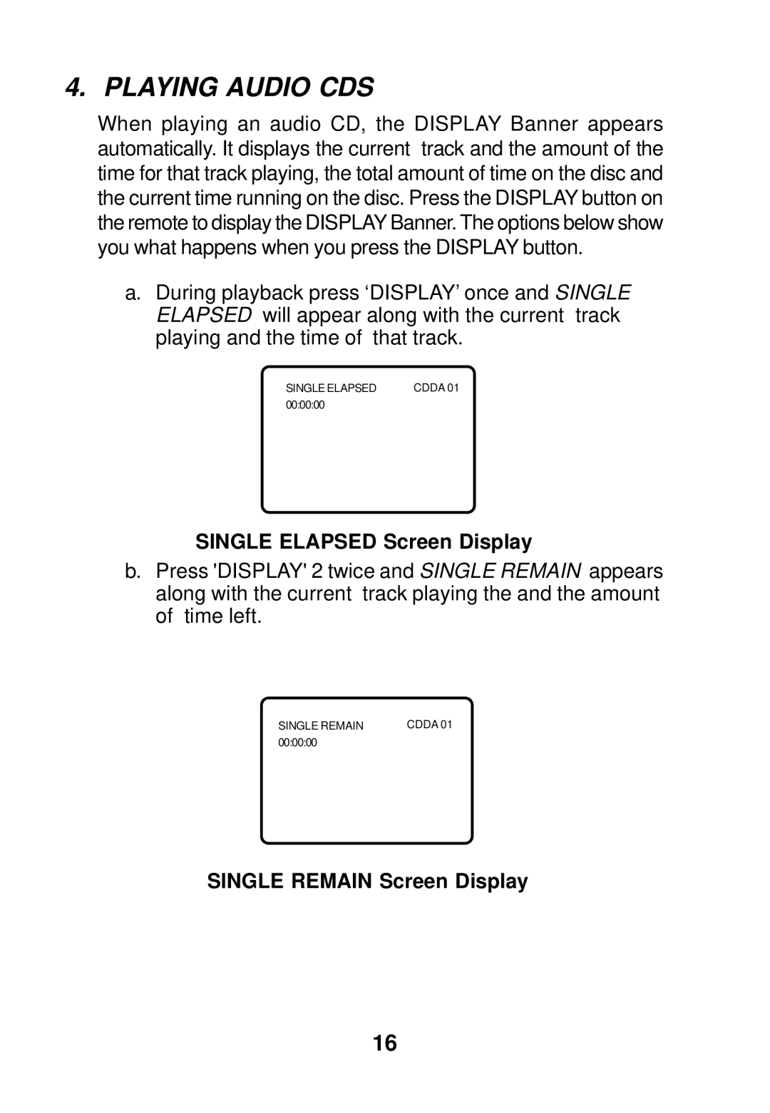 Audiovox AVD300 owner manual Single Elapsed Screen Display, Single Remain Screen Display 