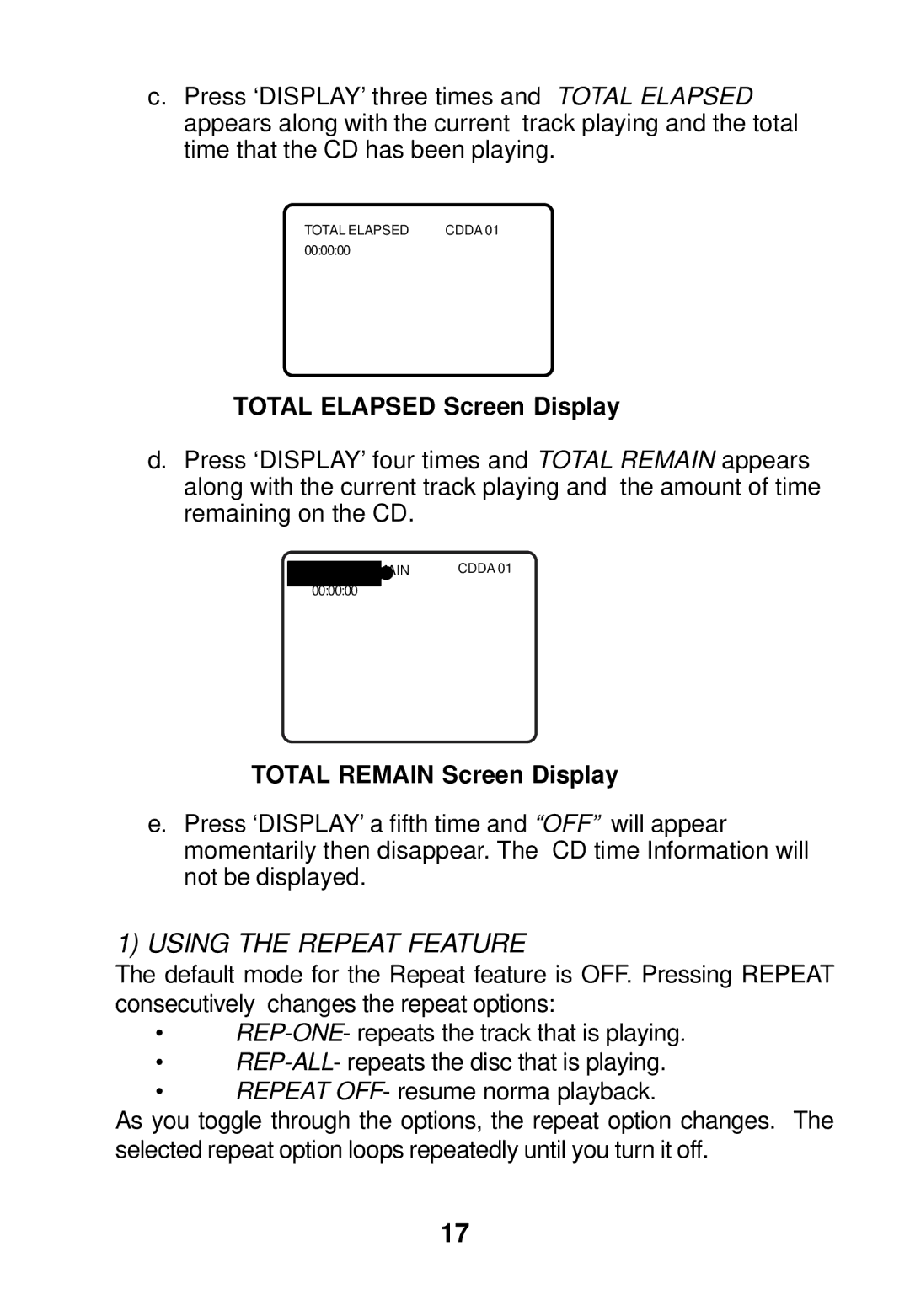 Audiovox AVD300 owner manual Total Elapsed Screen Display, Total Remain Screen Display 