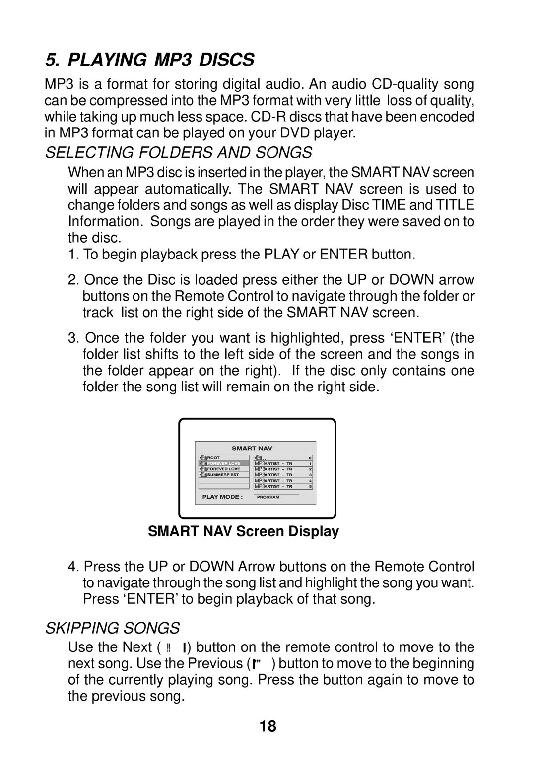 Audiovox AVD300 owner manual Playing MP3 Discs, Smart NAV Screen Display 