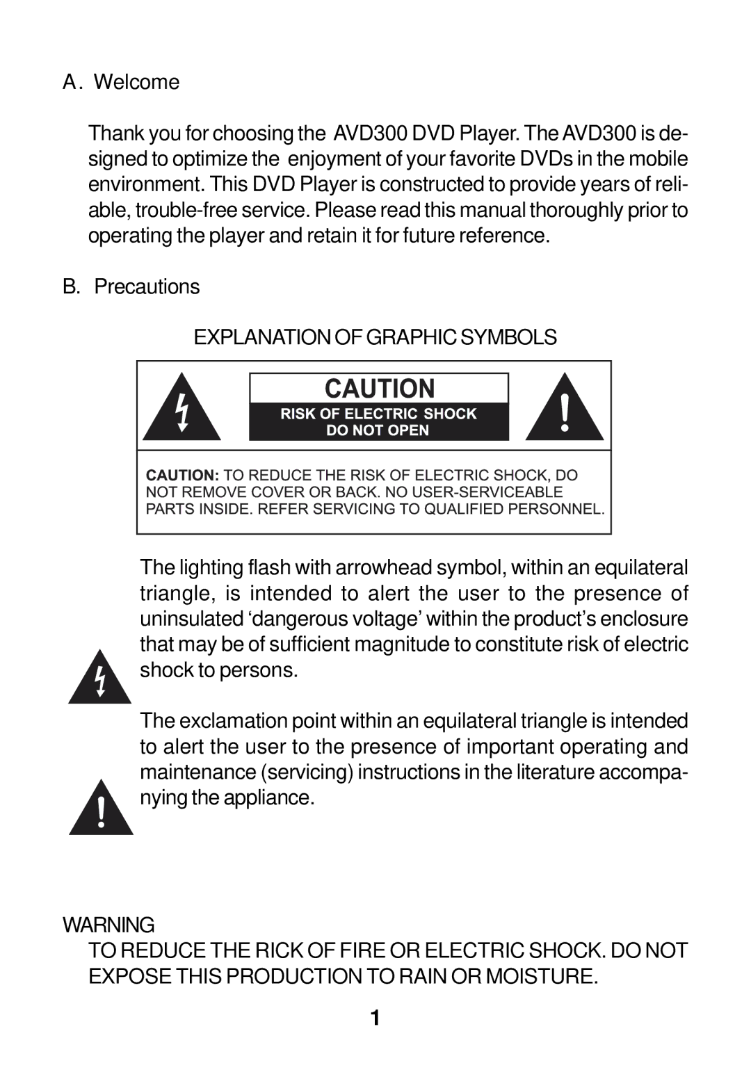 Audiovox AVD300 owner manual Explanation of Graphic Symbols 