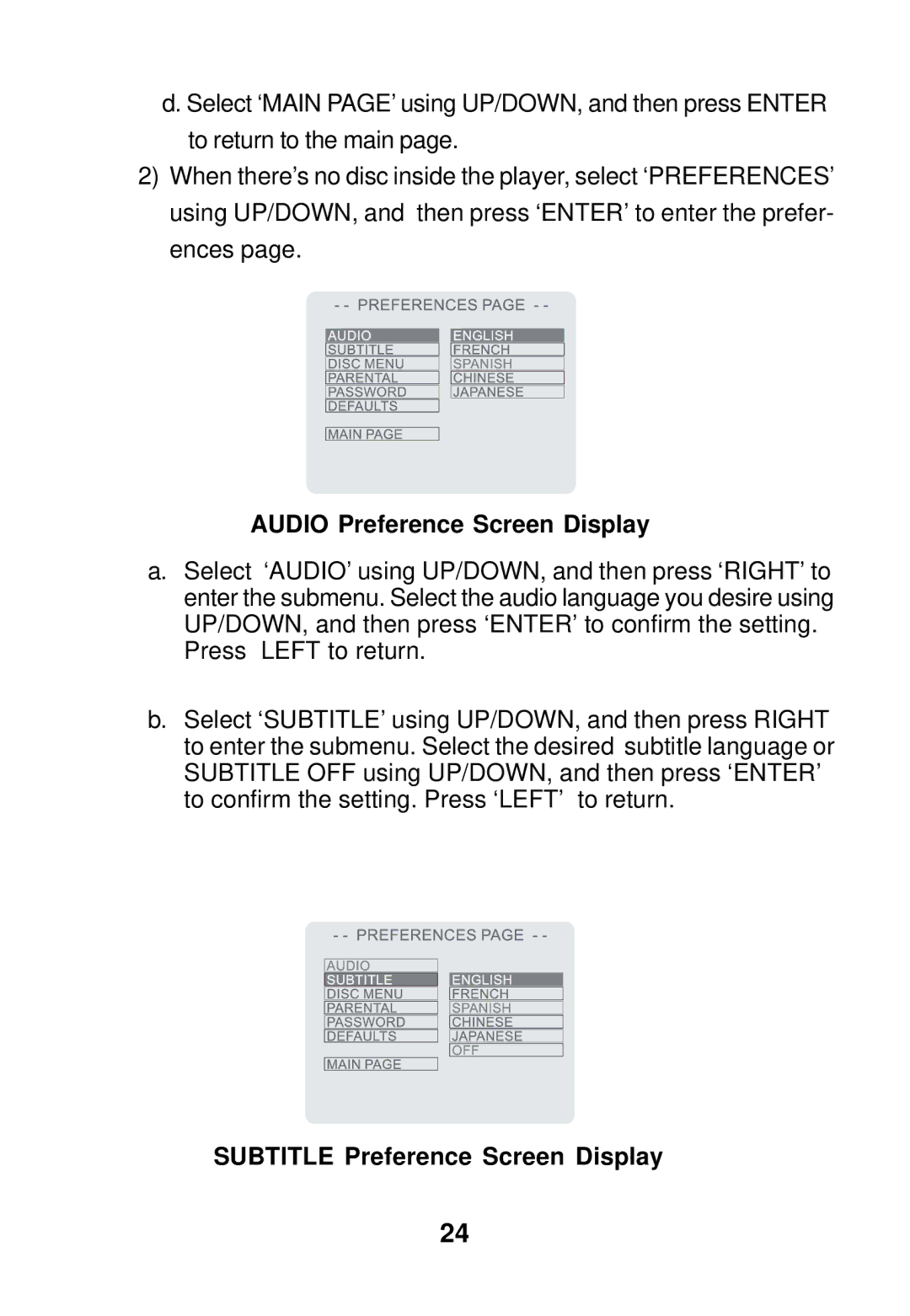 Audiovox AVD300 owner manual Audio Preference Screen Display, Subtitle Preference Screen Display 