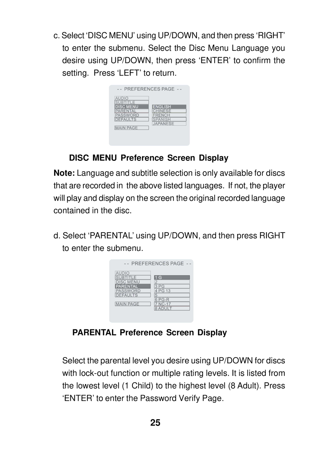 Audiovox AVD300 owner manual Disc Menu Preference Screen Display, Parental Preference Screen Display 