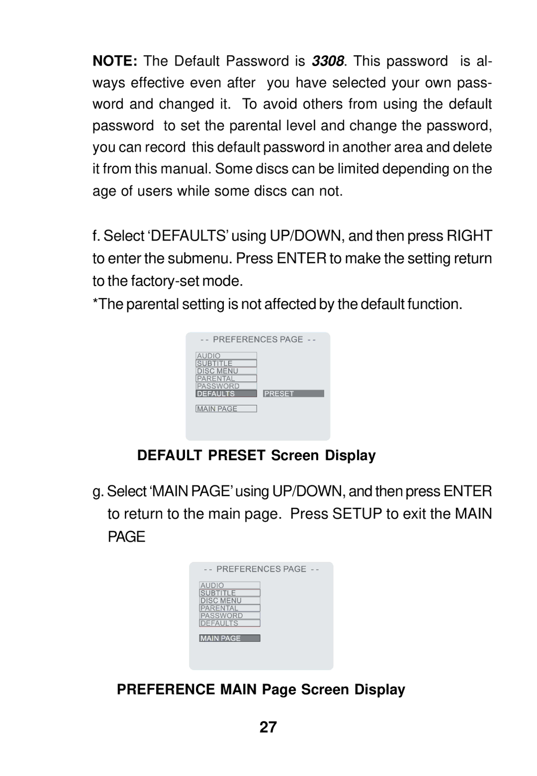 Audiovox AVD300 owner manual Default Preset Screen Display, Preference Main Page Screen Display 